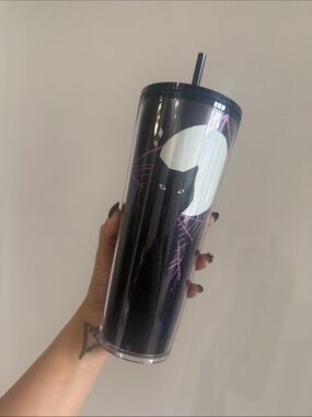 Starbucks Black Glitter Cat Tumbler with Moon and Purple Accents: venti size